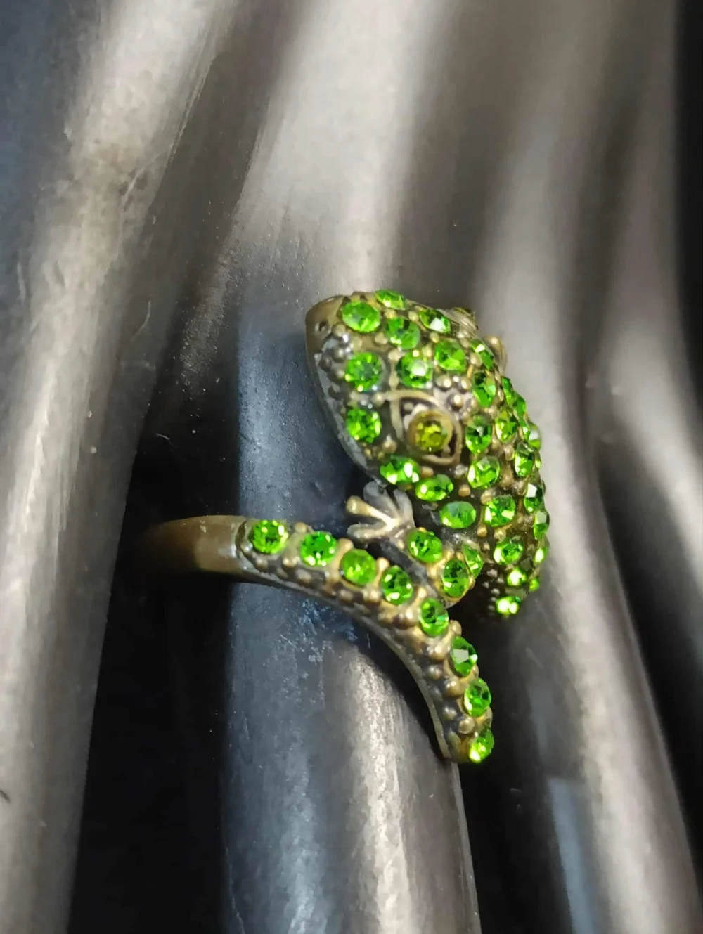 80’s Frog Wrap Ring Green Rhinestone Statement Adjustable Ring Sz.8